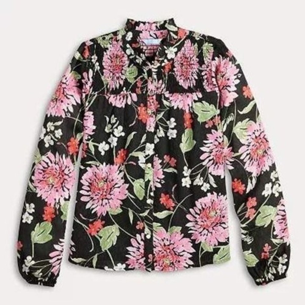 Draper James RSVP Floral Blouse Women 2X Black Pink Smocked Cottagecore Feminine